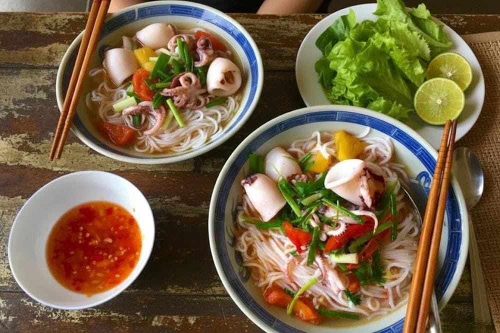 Bát bún mực Vạn Ninh với mực tươi và nước dùng đậm đà